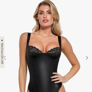Faux Leather Lace Balconette Sculpting Bodysuit black and gold